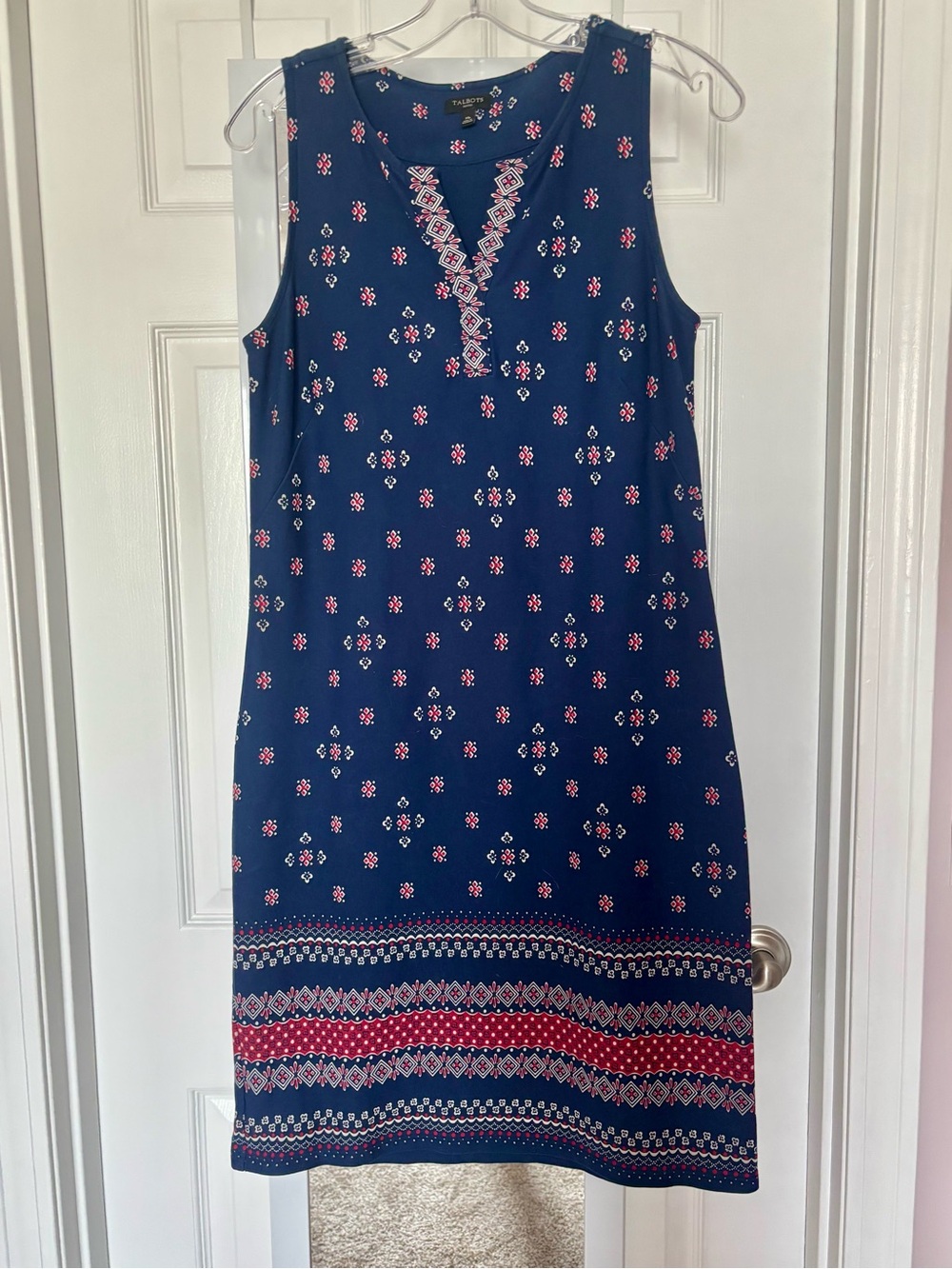 Talbots Navy Sleeveless Shift Dress with Pink and White Embroidery